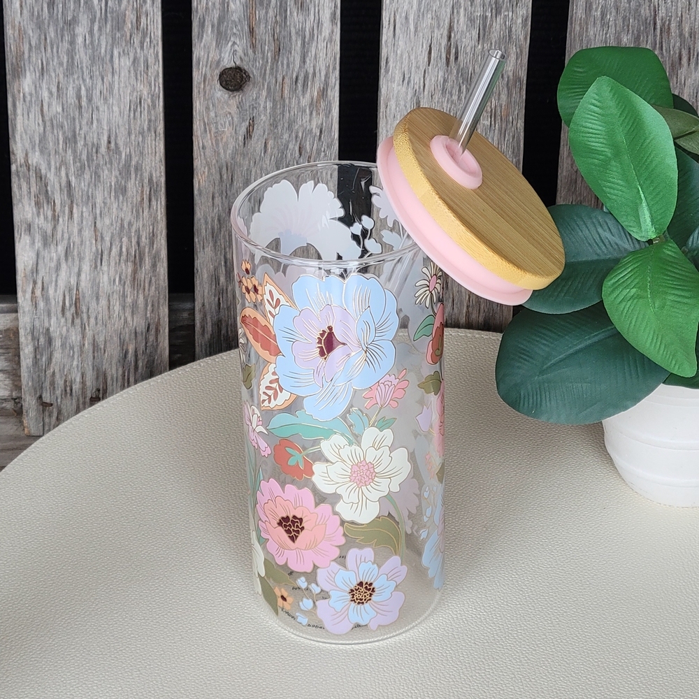 Clementine Floral Glass Tumbler with Bamboo Lid and Straw - Picture 5 of 9